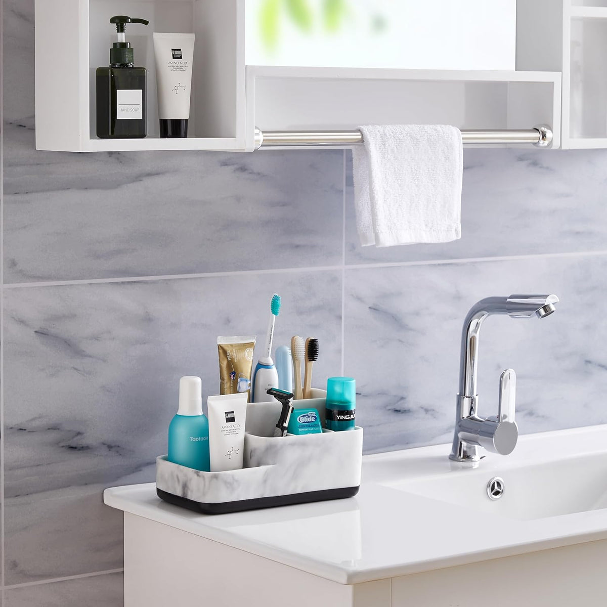 Toothbrush Holders Organizer - Make up Organizers and Storage, Multi-Functional Design Bathroom Organizer Toothbrush - Skincare Organizer - White Marble Look Bathroom Sink Organizer